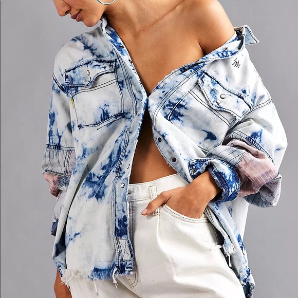 Free People Tops - Free People Sunshine Coast patchwork long sleeve button down tie dye denim Shirt
